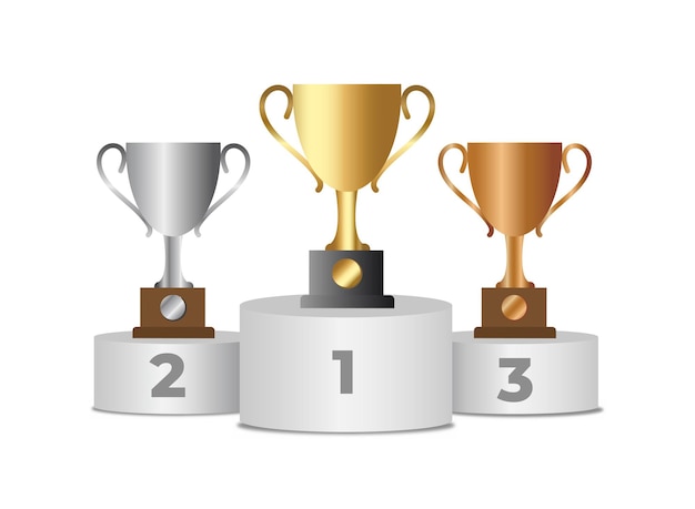trophy cups on winner podium. gold, silver and bronze cups on sports pedestal. competition and goal achievement. vector business concept