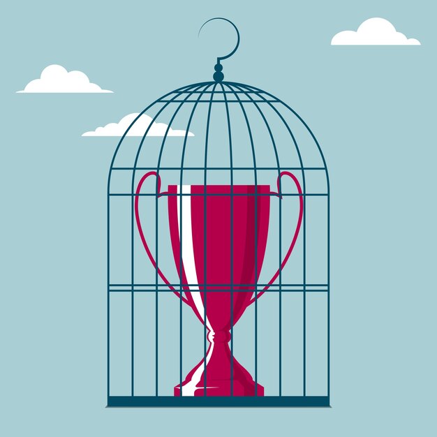 Vector trophy is in a bird cage. isolated on blue background.