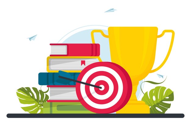 Vector trophy, target, target, books. motivation, job success, encouragement concept. target achievement of business career or education goal. business path success. vector illustration