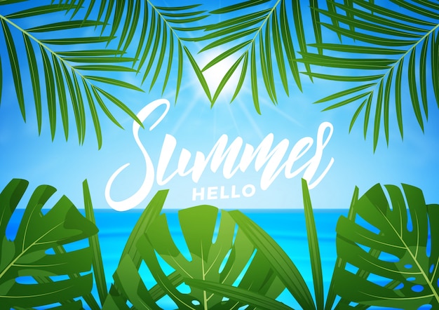 Vector tropic background. summer tropical palm leaves and exotic beach. summer exotic background