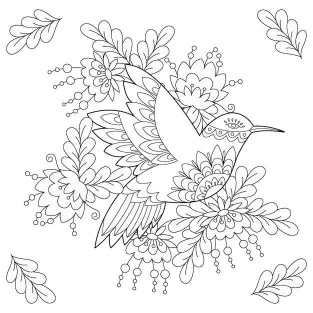 Tropic bird in flowers contour linear illustration for colouring book