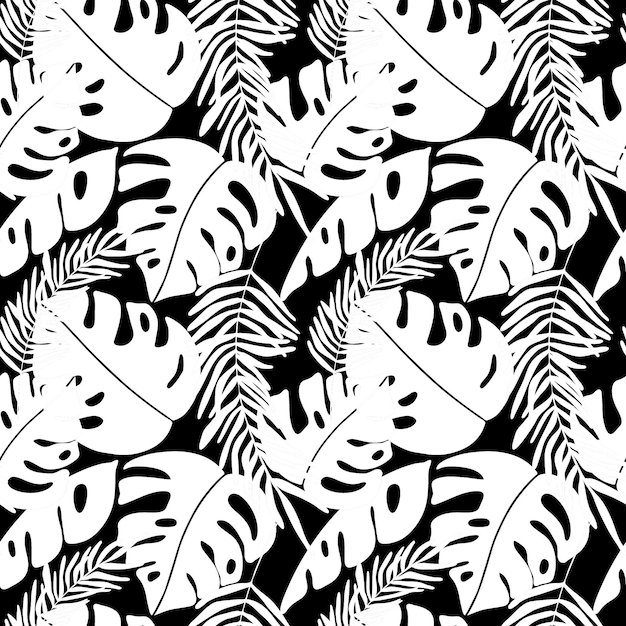 Tropic leaves vector seamless pattern Monstera and palm leaves black and white ornament for textile