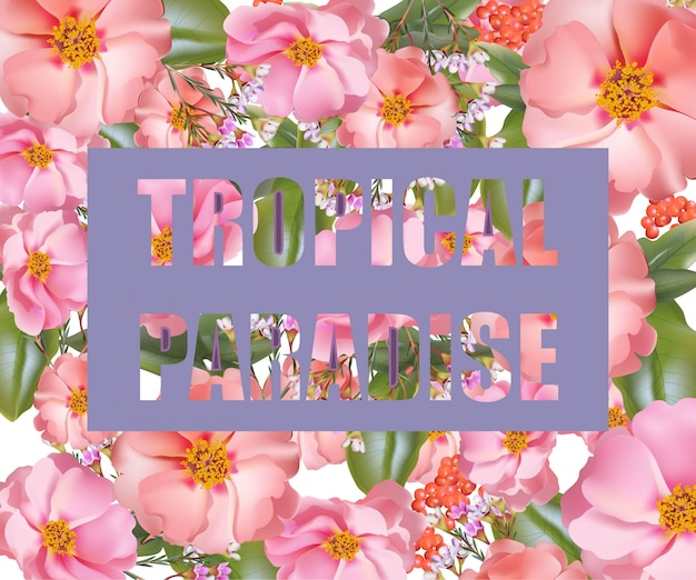 Tropic paradise card. vector exotic flowers background summer fusions