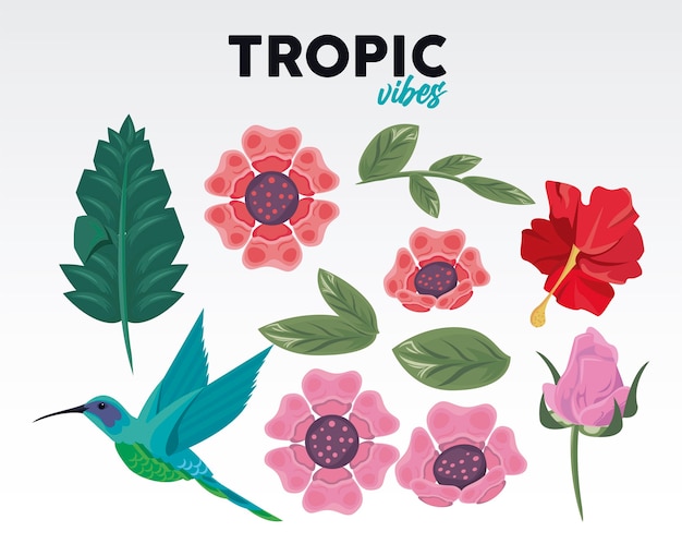 Tropic vibes quote and set flowers and bird illustration design