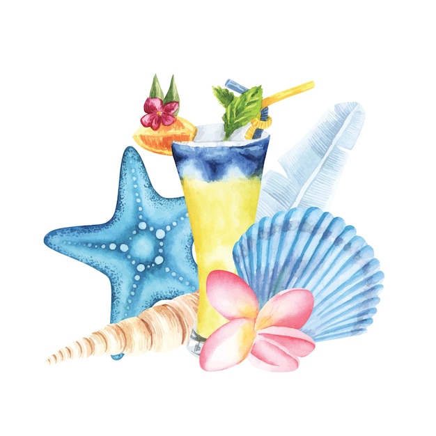 Vector tropical alcoholic cocktail illustration composition star fish banana leaves watercolor hand drawn