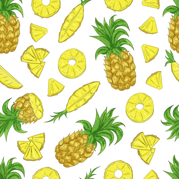 Tropical ananas pineapple fruit seamless pattern on white background.