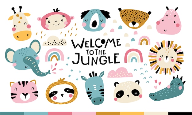 Vector tropical arica set. welcome to the jungle. cute animals faces. childish print for nursery in a scandinavian style.