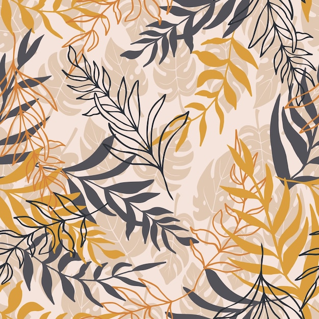 Tropical background of monsters and palm leaves vector seamless pattern