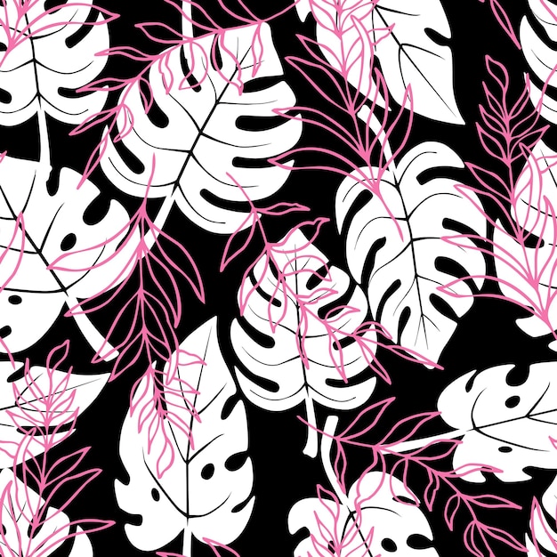 Tropical background of monsters and palm leaves vector seamless pattern