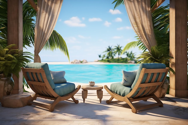 Vector tropical background two sun loungers standing on beautiful tropical beach with palm trees