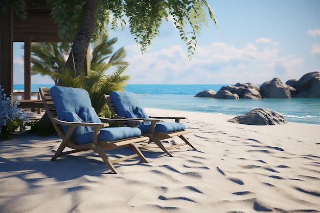 熱帯の背景パームの木のある美しい熱帯のビーチに立っている2つの日焼け椅子