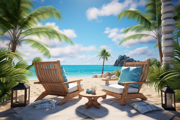 Вектор Тропический фон два солнцезащитных кресла, стоящих на красивом тропическом пляже с пальмами