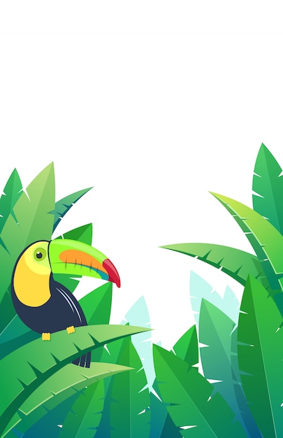 Vector tropical background with bird toucan on palm leaves.  illustration