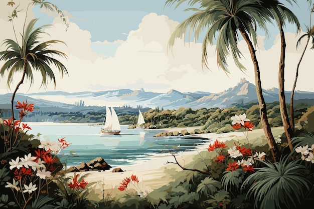 Вектор Тропический фон с морем и пальмами летний морской фон векторная плоская иллюстрация