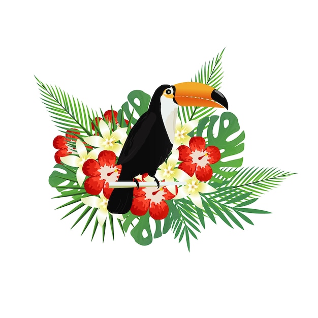 Vector tropical background with toucan, flowers and tropical leaves