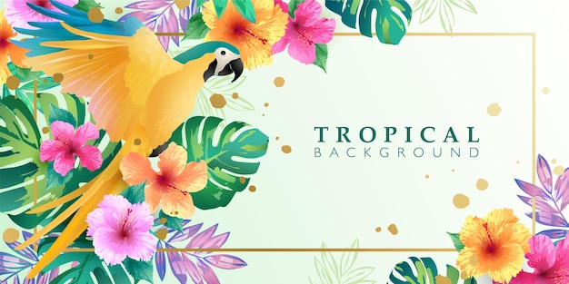 Tropical background with tropical bird, leaves, and flowers on light background