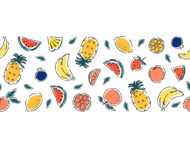 Tropical banana fruits pineapples watermelon and orange juicy summer seamless border