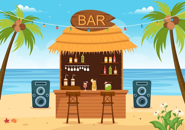 Тропический бар или паб на пляже с бутылками алкогольных напитков в плоской карикатуре