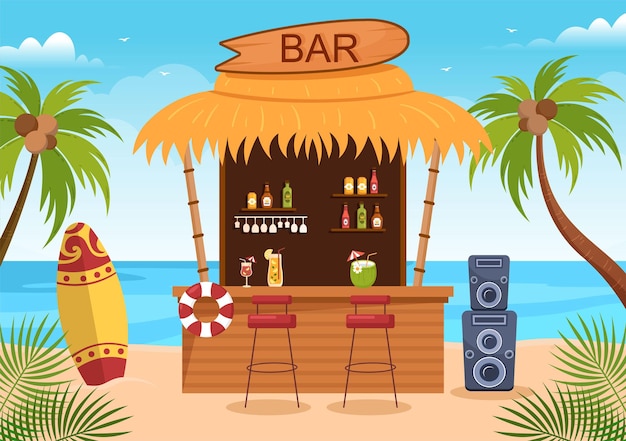 Vector tropical bar or pub at beach with alcohol drinks bottles in flat cartoon illustration