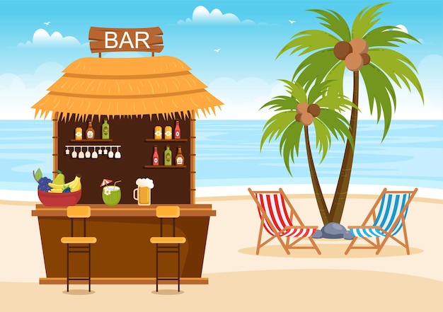 Tropical Bar or Pub at Beach with Alcohol Drinks Bottles in Flat Cartoon Illustration