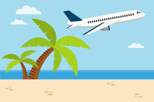 Tropical beach background with an airplane flying