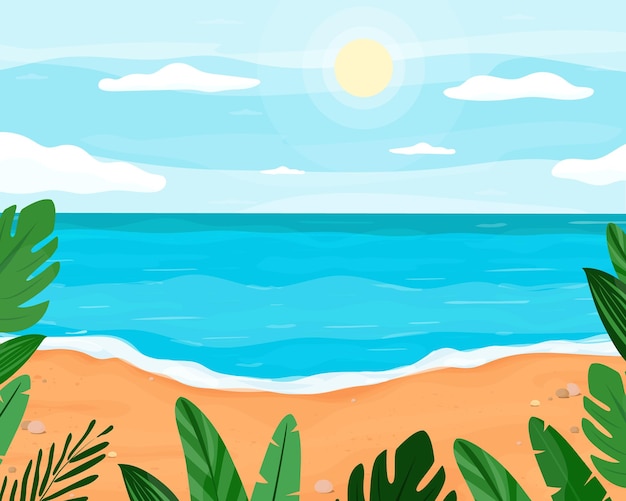 Tropical beach cartoon panorama Sunny day Summer vacation on the sandy coast Universal background packaging and postcard Vector illustration flat