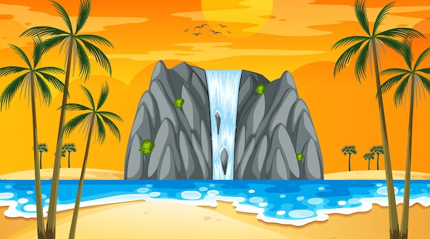 Тропический пляжный пейзаж на закате с водопадом
