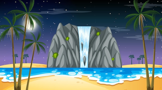 Paesaggio di spiaggia tropicale di notte con cascata