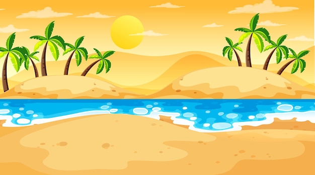 Vector tropical beach landscape scene at sunset time