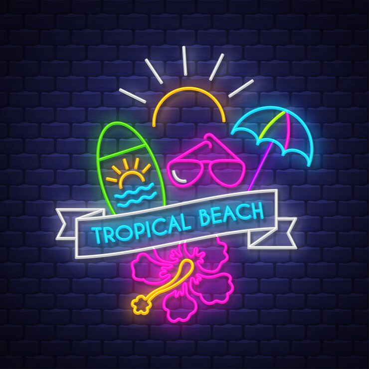Tropical beach. Neon sign lettering