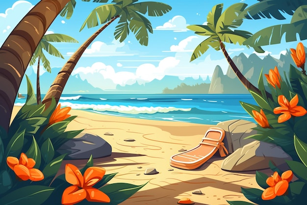 Scena di spiaggia tropicale con pantofole e pinne free vector