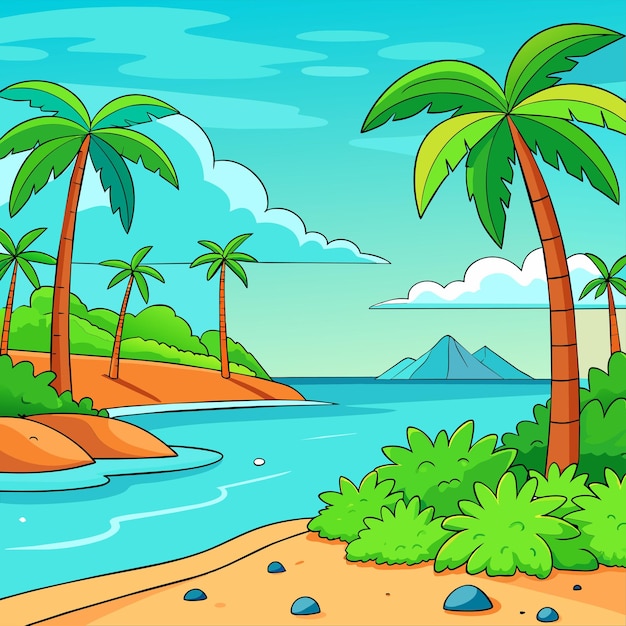 Вектор tropical beach scene with many palm trees summertime hand drawn sticker icon concept isolated