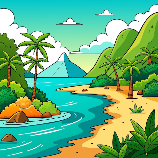 Vector tropical beach scene with many palm trees summertime hand drawn sticker icon concept isolated