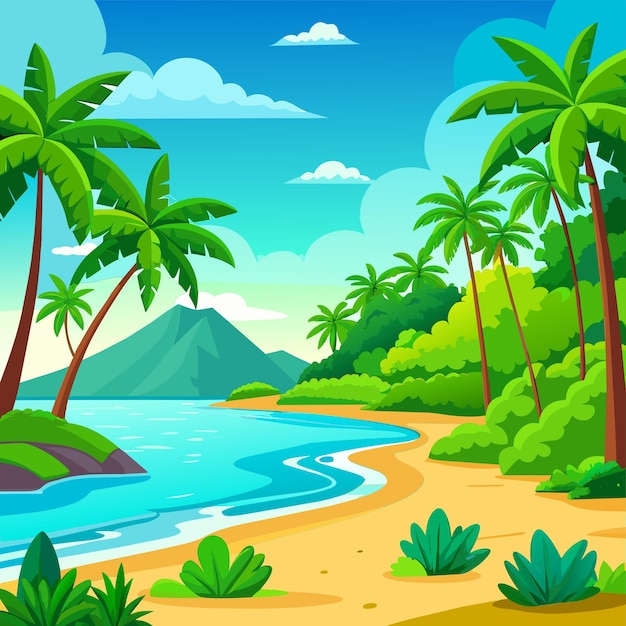 Vector tropical beach scene with many palm trees summertime hand drawn sticker icon concept isolated