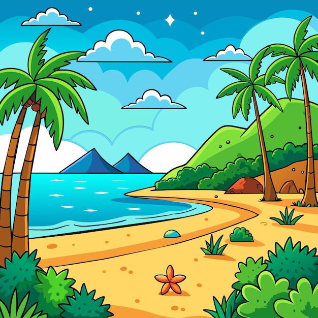 Vettore scena di spiaggia tropicale con molte palme in estate adesivo disegnato a mano concetto di icona isolato