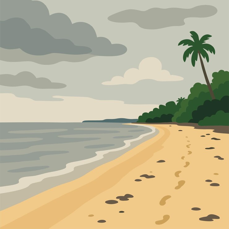 Vector tropical beach scene with palm tree and footprints