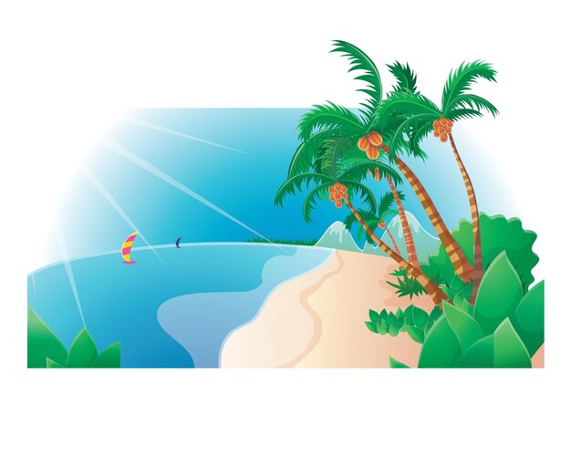 Vector a tropical beach scene with palm trees and a beach and the sun