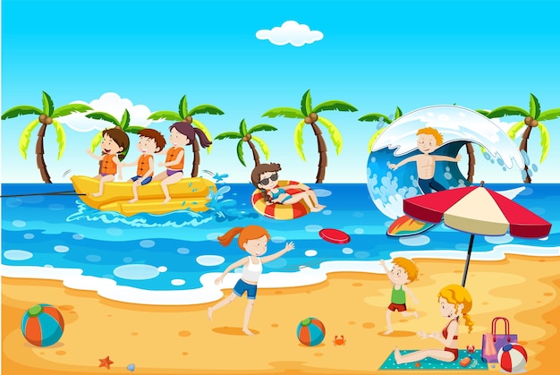 Vector tropical beach scene with people