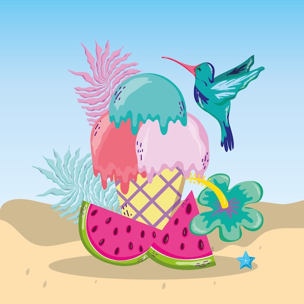 Tropical beach scenery theme cartoon