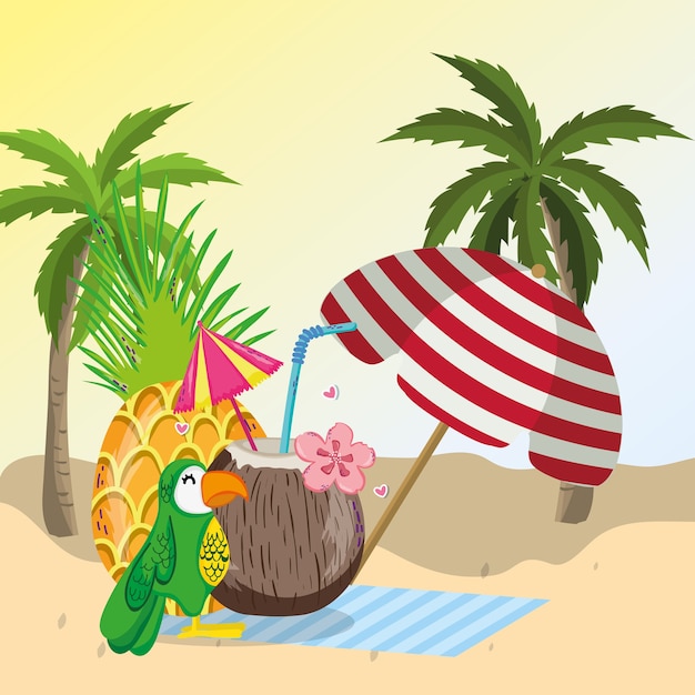 Vector tropical beach scenery theme cartoon