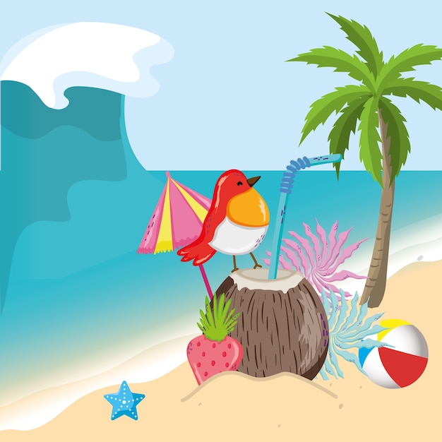 Tropical beach scenery theme cartoon