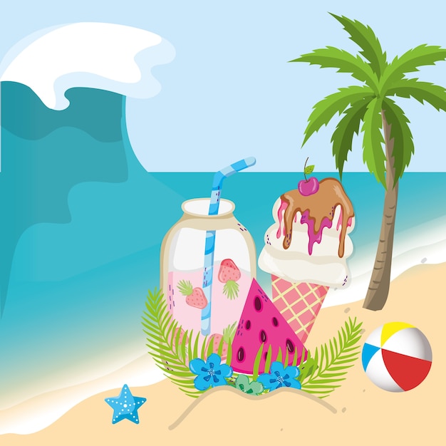 Vettore cartone animato tema tropicale spiaggia scenario