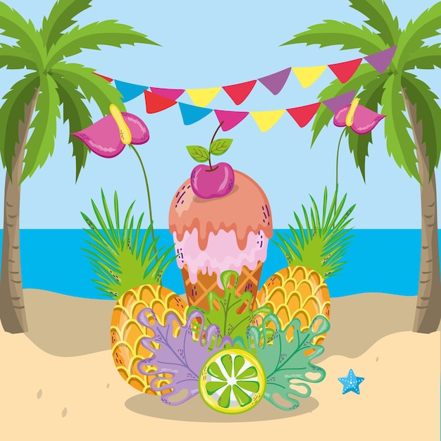 Vector tropical beach scenery theme cartoon