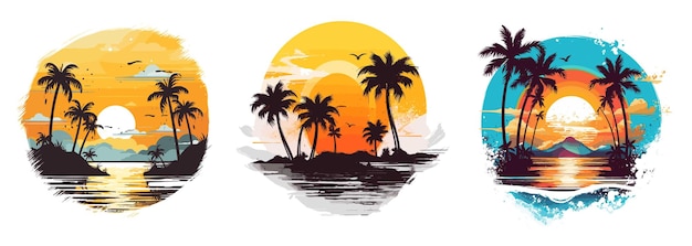 Tropical beach set with palm trees and sunset Vector illustration