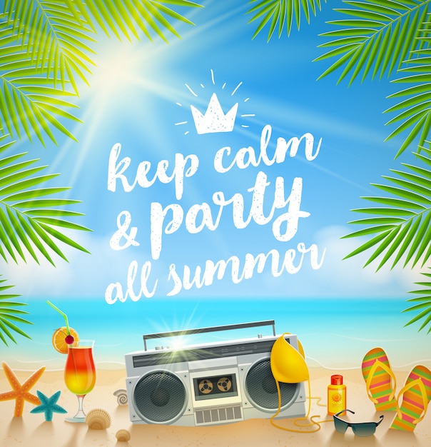 Vector tropical beach summer party -   design with hand drawn greeting.