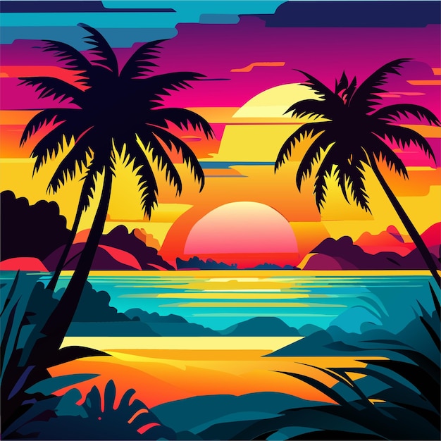 Premium Vector | Tropical beach sunset landscape with colorful glowing ...