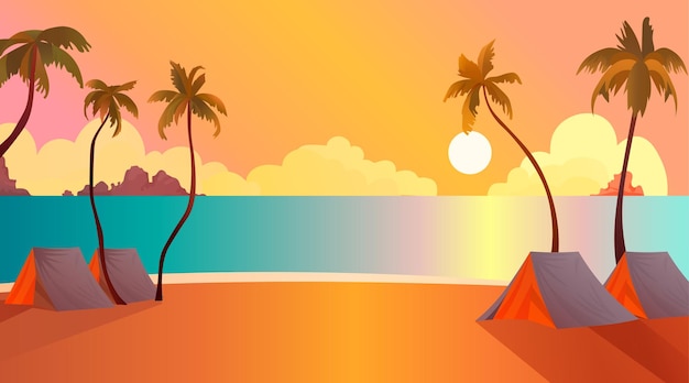 Vector tropical beach sunset seascape background summer vacation time to travel concept