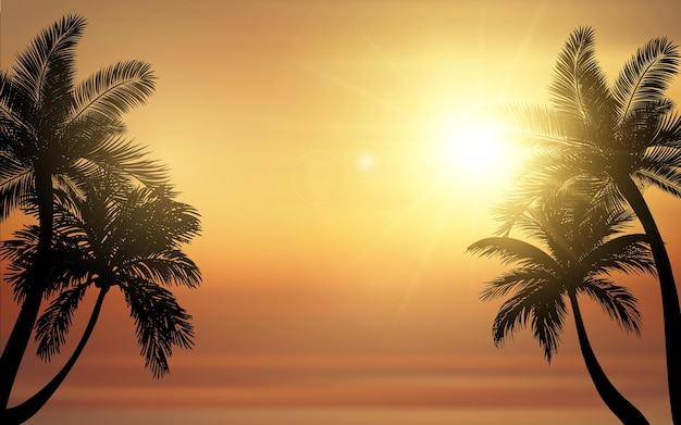 Tropical beach sunset vector illustration Silhouette of palm trees against a sunset ocean