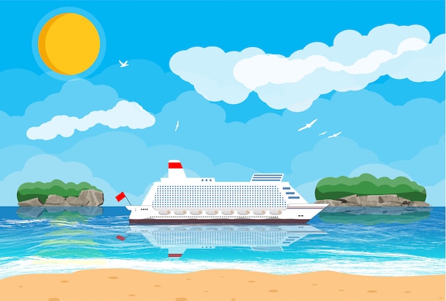 Vector tropical beach with cruise ship