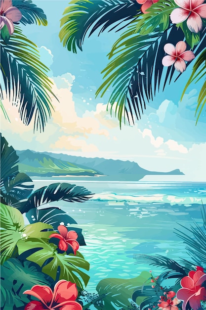 Вектор Тропический пляж с пальмами и векторной иллюстрацией заката